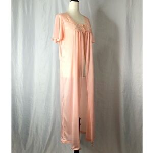 Vintage peignoir peach nylon sheer lace trim medium